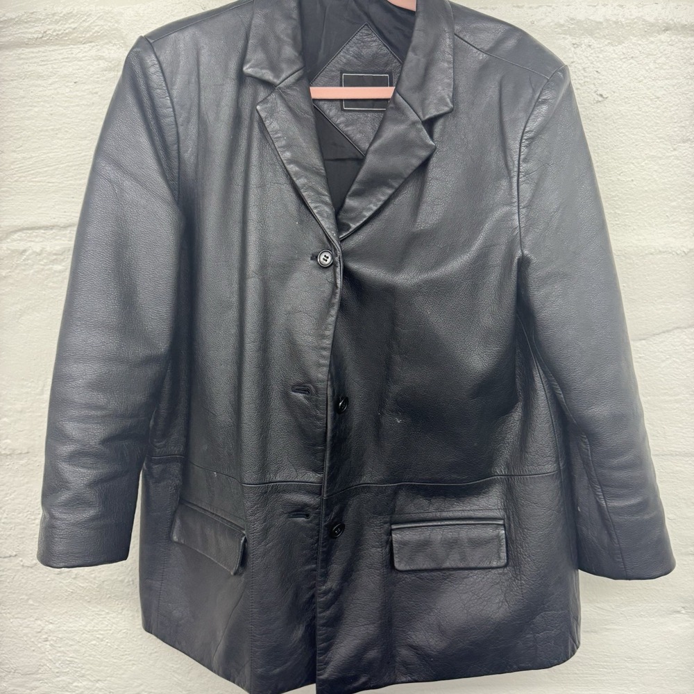 Vintage Outbrook Black‎ Leather Coat 4 Button Blazer Jacket Size 3large 90s Y2K
